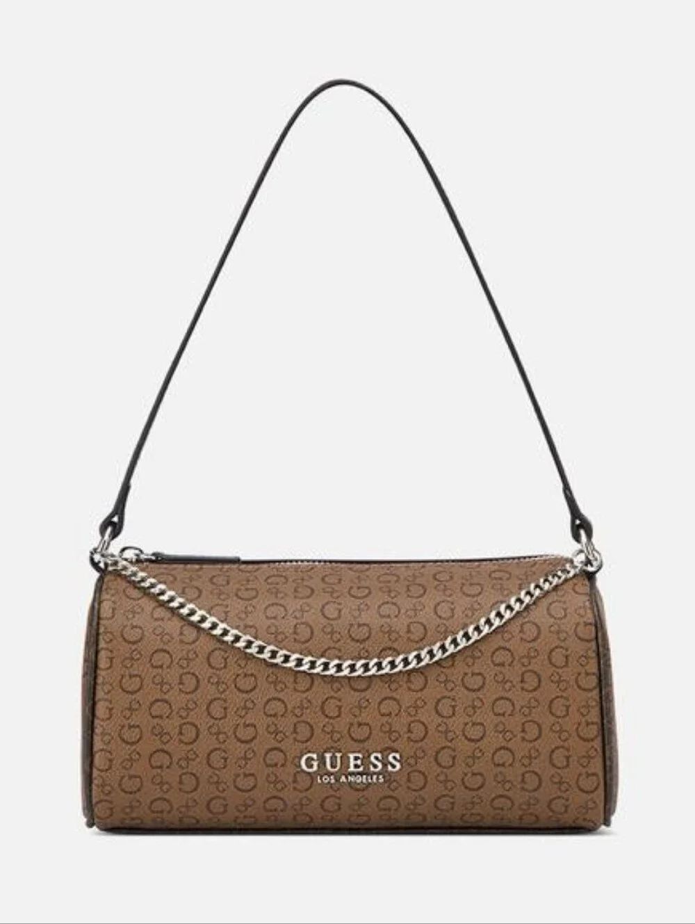 GUESS Brown Logo Monogram Shoulder Bag with Silver Chain